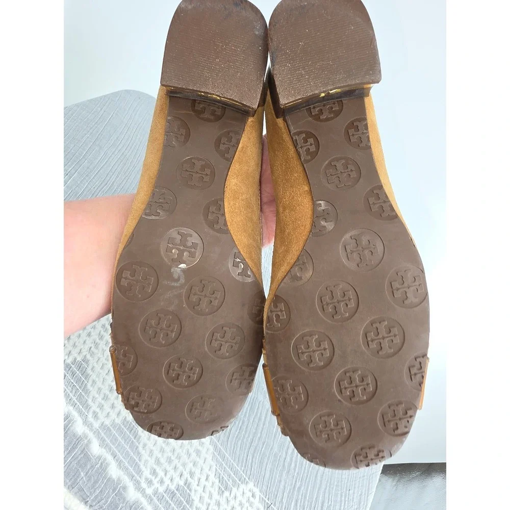 Tory Burch Tan Leather Suede Block Heel Buckle Pumps Gold Hardware Size 5M